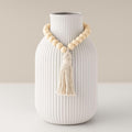 JOHOUSE White Ceramic Vase, 7.9 Inch Ribbed Vase with Wooden Beads Tassel