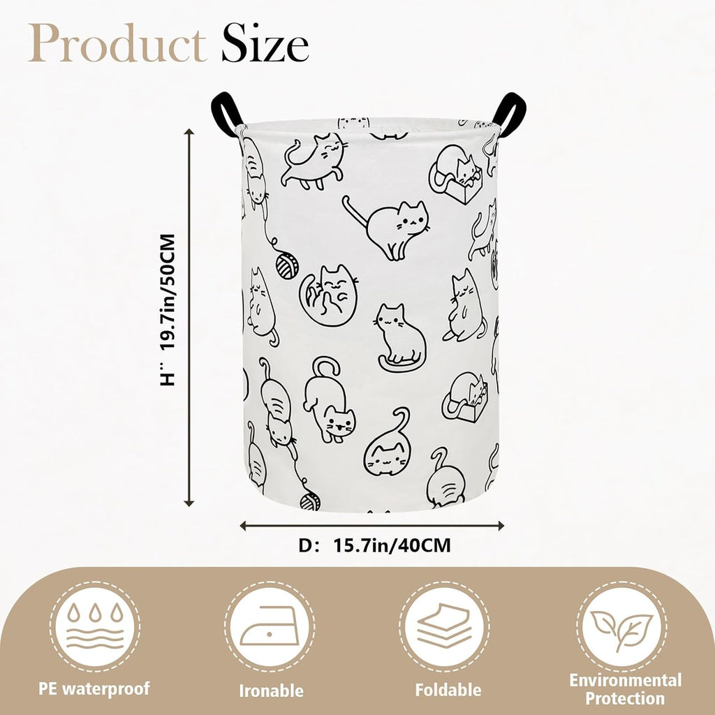 Round Fabric Collapsible Storage Basket with Handles, Black cat