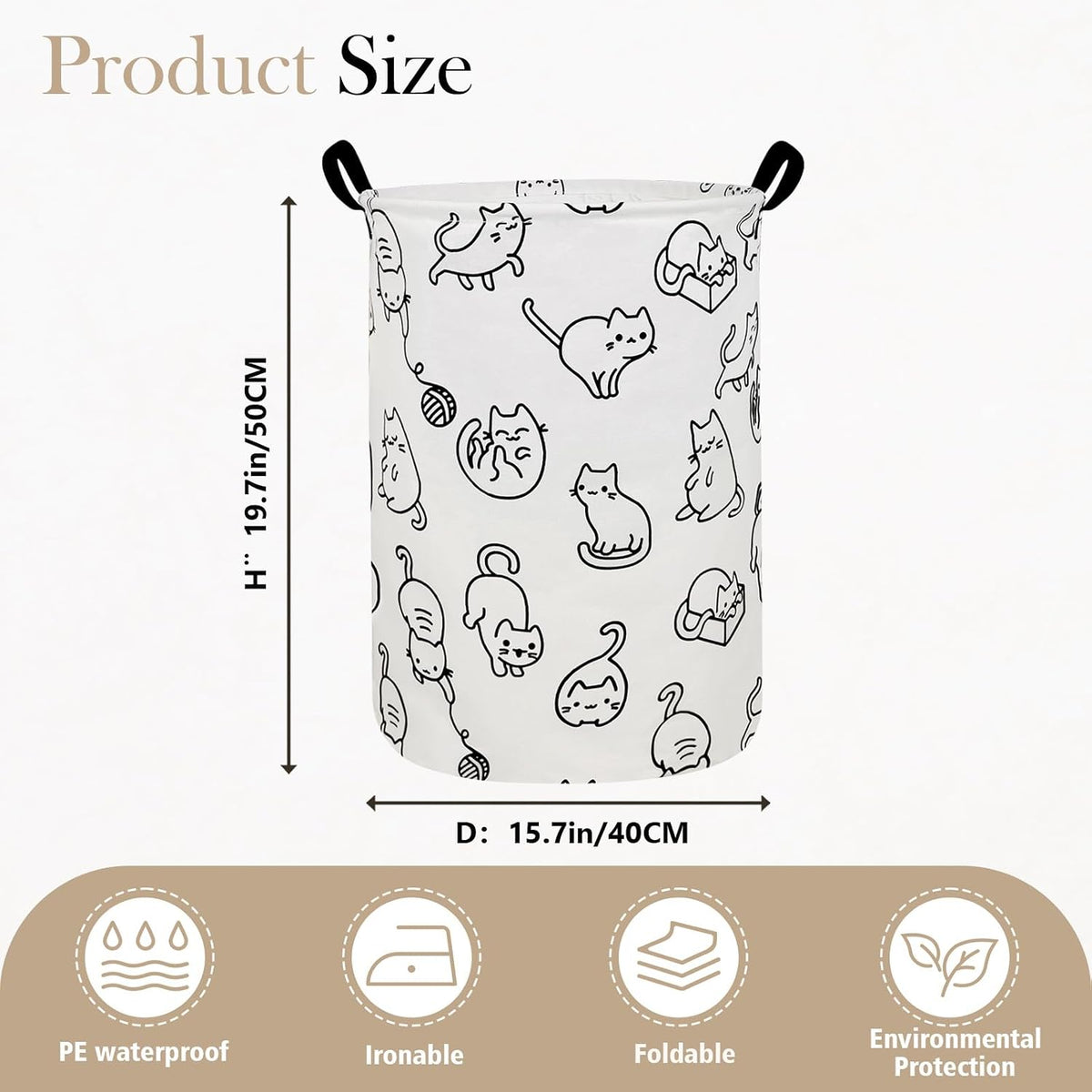 Round Fabric Collapsible Storage Basket with Handles, Black cat