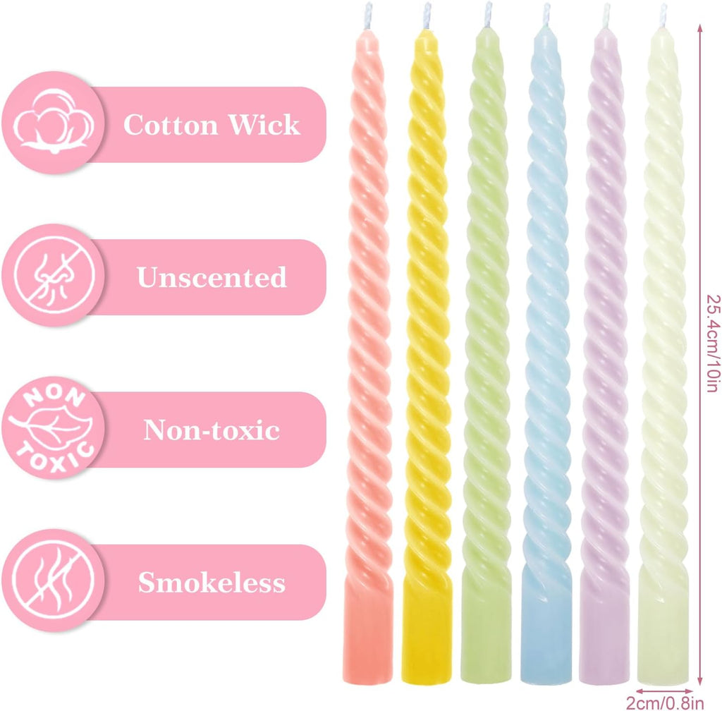 Whaline 12Pcs 10 Inch Cream Spiral Taper Candles 6 Colors Dripless Twisted Wax Candles Long Unscented Smokeless Candle Sticks for Holiday Birthday Celebration Home Party Dining Table Supplies