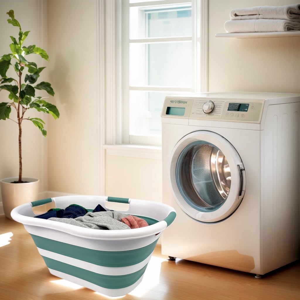 SAMMART 40L (10.5 gallon) Collapsible Plastic Laundry Basket - Space Saving Storage Container/Organizer - Portable Washing Tub - Foldable Pop Up Hamper/Basket (1, White/Celadon Green)