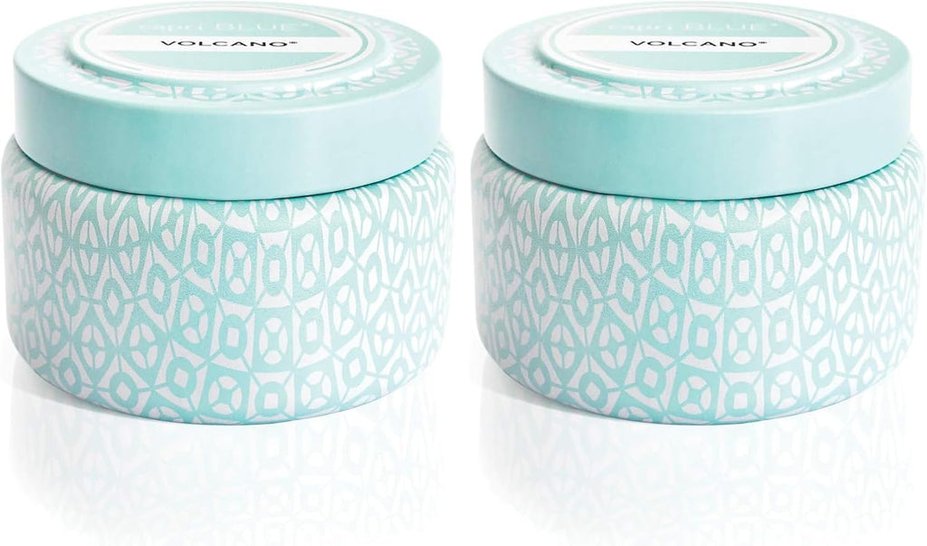 Capri Blue Volcano Printed Travel Tin Jar Candle - Luxury Candle with a Long Lasting Soy Wax Blend - Scented with Tropical & Fruity Fragrance (Aqua Color, 8.5 oz) (Pack of 2)