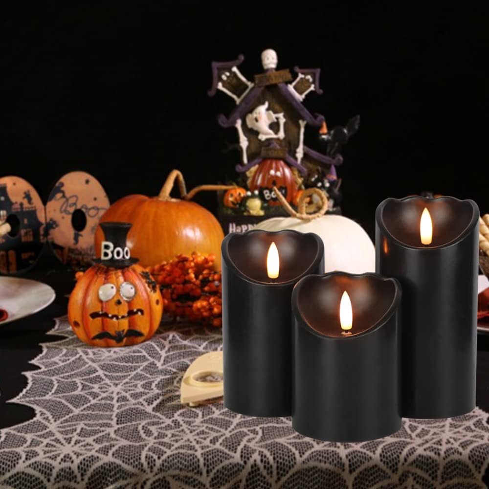 Halloween Black Flameless LED Pillar Candles Flickering with Timer