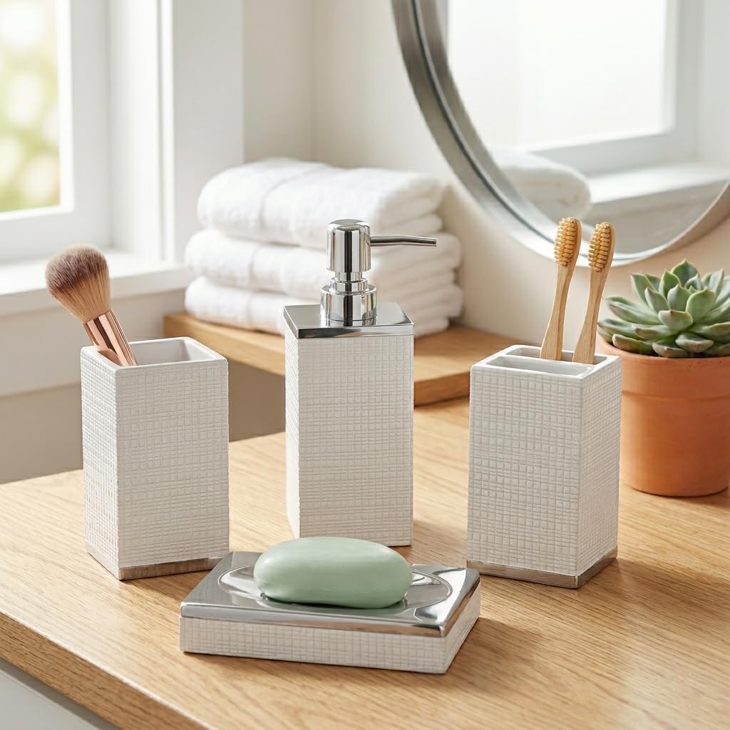 Creative Scents Estella White 4 Piece Resin Bathroom Accessories Set