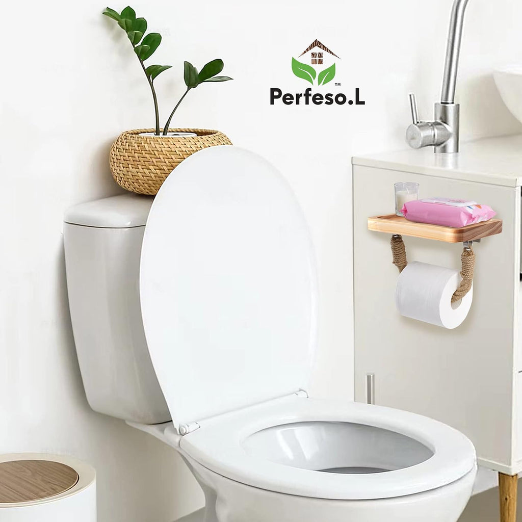 Farmhouse Toilet Paper Holder with Wood Shelf Rope Bathroom Decor