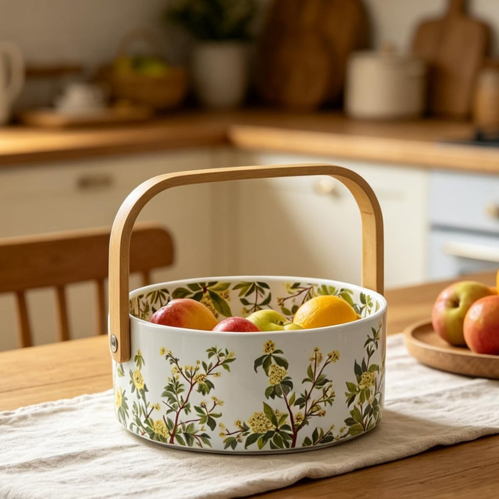 Ceramic Fruit Basket with Detachable Wooden Handle Candy Dish Decorations Ornaments Decorative Bowl for Home Kitchen & Dining Table Office Decor (Osmanthus) 1000ml