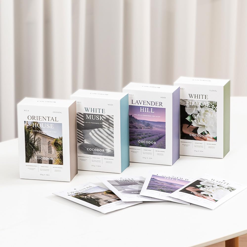 COCODOR 5 Packs White Floral Scented Sachets/Air Freshener Sachets Bags for Drawers, Closet, Cars, Long-Lasting Deodorizers Fresh Scents, Home Fragrance