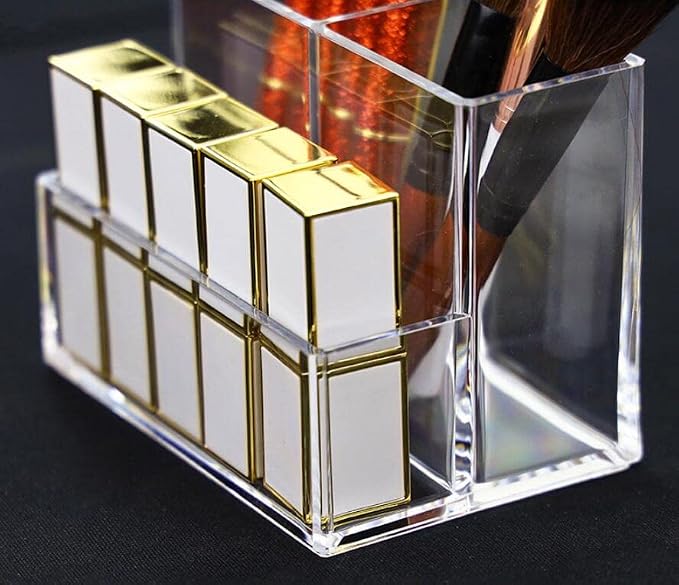 Acrylic Makeup Organizer Cosmetic Storage Makeup Display Case Makeup Brush Holder Lipstick Dispenser Canister Bathroom Container (5.1 x 3.5 x 3.9 in, 3 Partitions, Transparent)