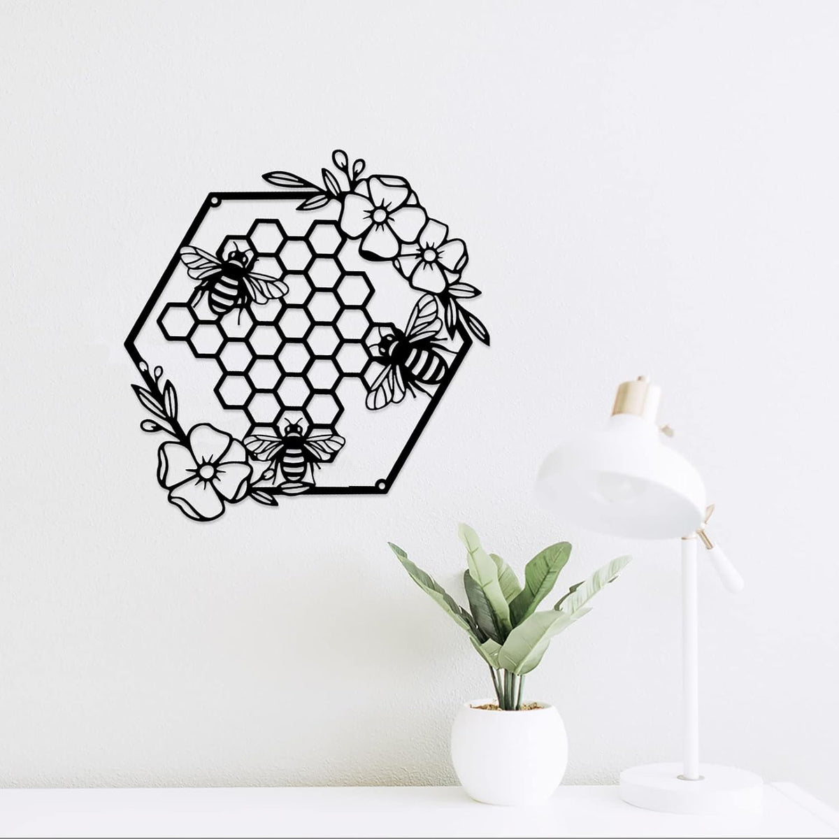 Yuzhuo Metal Bee Wall Art - Farmhouse Honey Bees and Hives with Flowers - Black