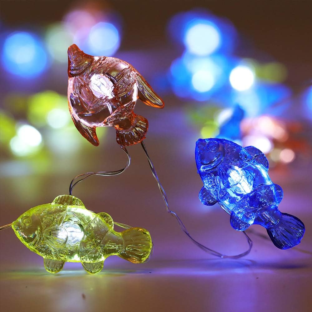 WSgift Tropical Fishes Decorative String Lights, 18.7 Ft 40 LED USB Plug-in Silver Copper Wire Beach Theme Fairy Lights for Indoor Outdoor Decoration Projects (Cool White, Remote Control with Timer)