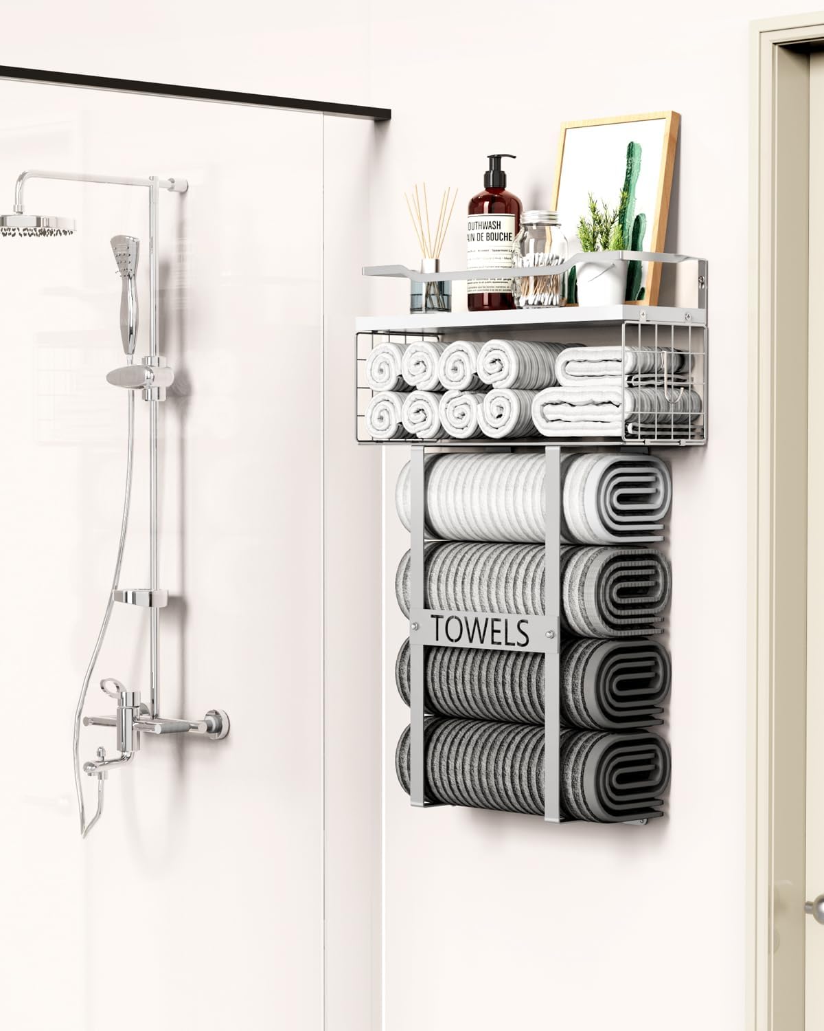 Towel Racks for Bathroom Wall Mounted - Bath Wall Towel Holder Set Above Toilet Storage, Rolled Towel Shelf Organizer for Small Bathroom, Wood Vertical Towel Rack for Bathroom Wall Decor Silver