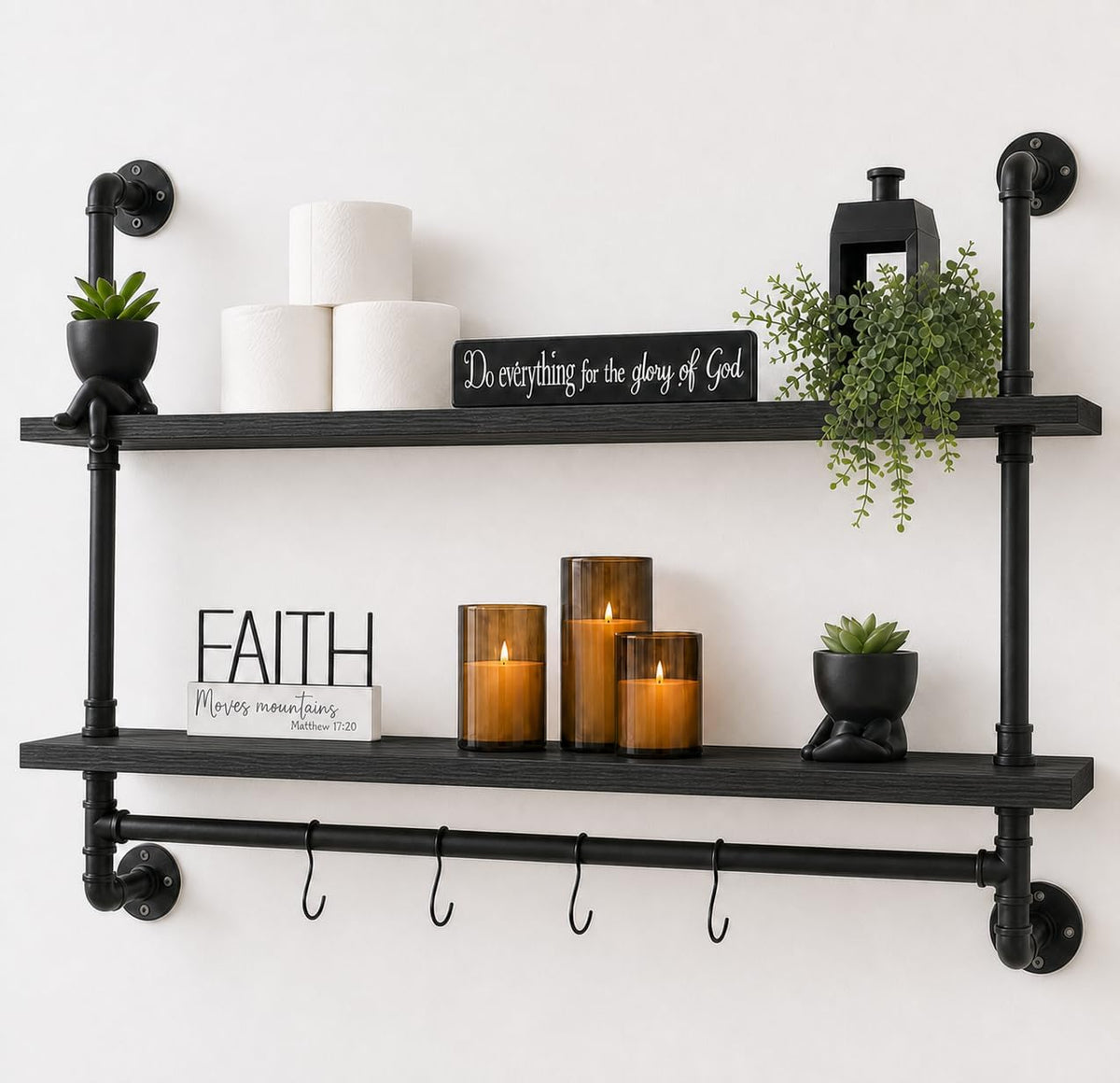 ROGMARS Industrial Pipe Shelving Pine Wood Black Floating Shelves for Wall