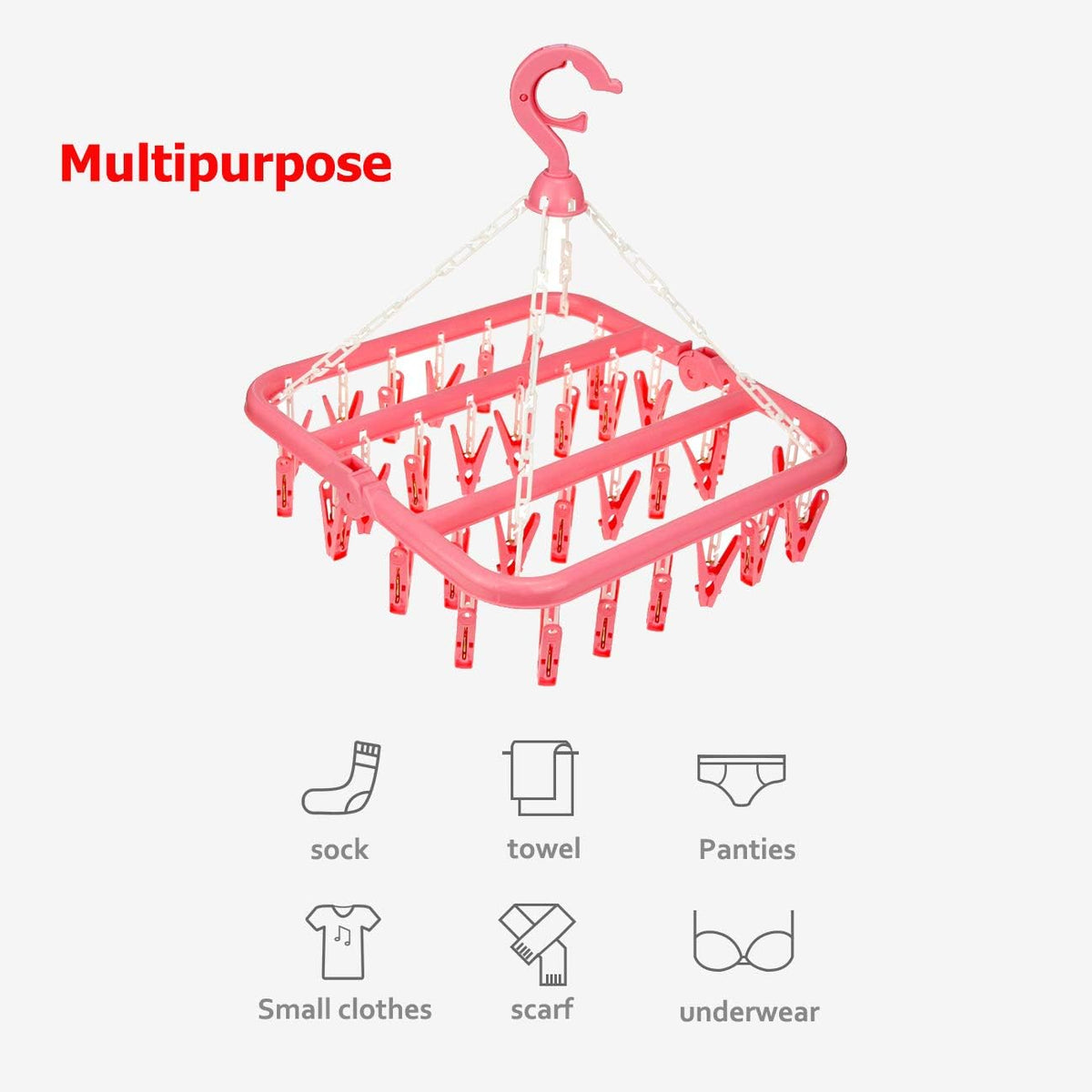 Laundry Hanger with 32 Clips, Foldable Clothes Drying Rack, 360° Rotating Sock Dryer Clip Hanger for Socks, Underwear, Bras, Baby Clothes, Towels, Indoor Outdoor Travel Clothes Drying Rack (Pink)