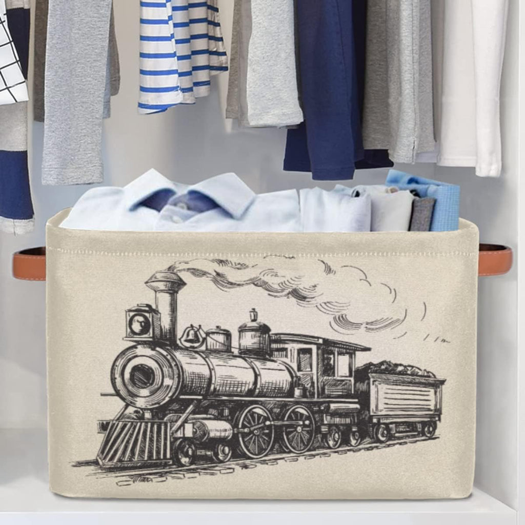 Large Storage Baskets for Organizing Shelves Vintage Steam Locomotive Train Foldable Cube Storage Bins with Handles Rectangle Fabric Closet Organizers for Home Toys Clothes, 1 Pack