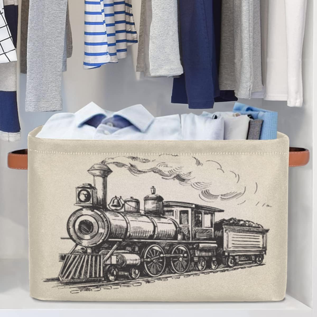 Large Storage Baskets for Organizing Shelves Vintage Steam Locomotive Train Foldable Cube Storage Bins with Handles Rectangle Fabric Closet Organizers for Home Toys Clothes, 1 Pack