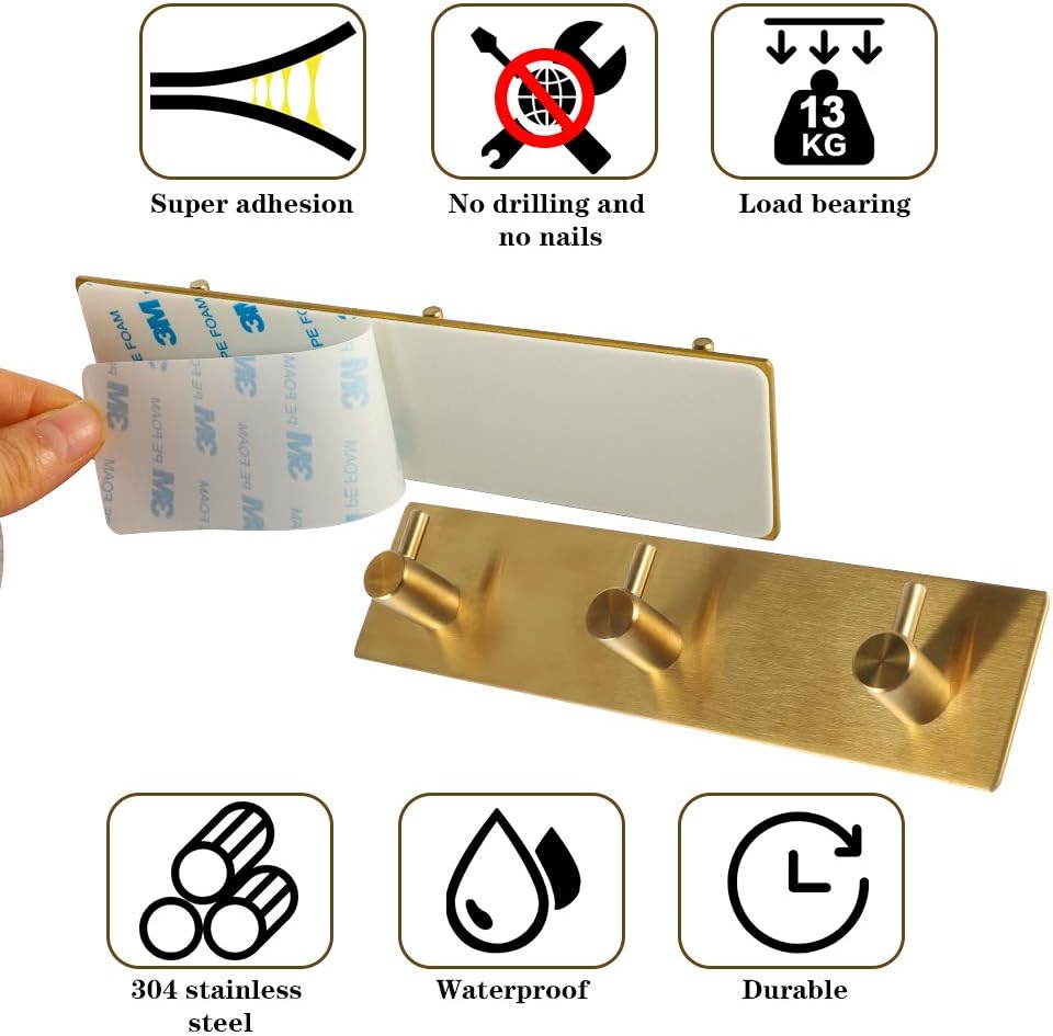 Picowe Key Holder for Wall Decorative, Adhesive Stainless Steel Key Hooks, Key Hanger Key Organizer for Wall, Towel Hook Coat Hanger for Entryway Hallway Kitchen(Three Rows,Golden 1PCS)