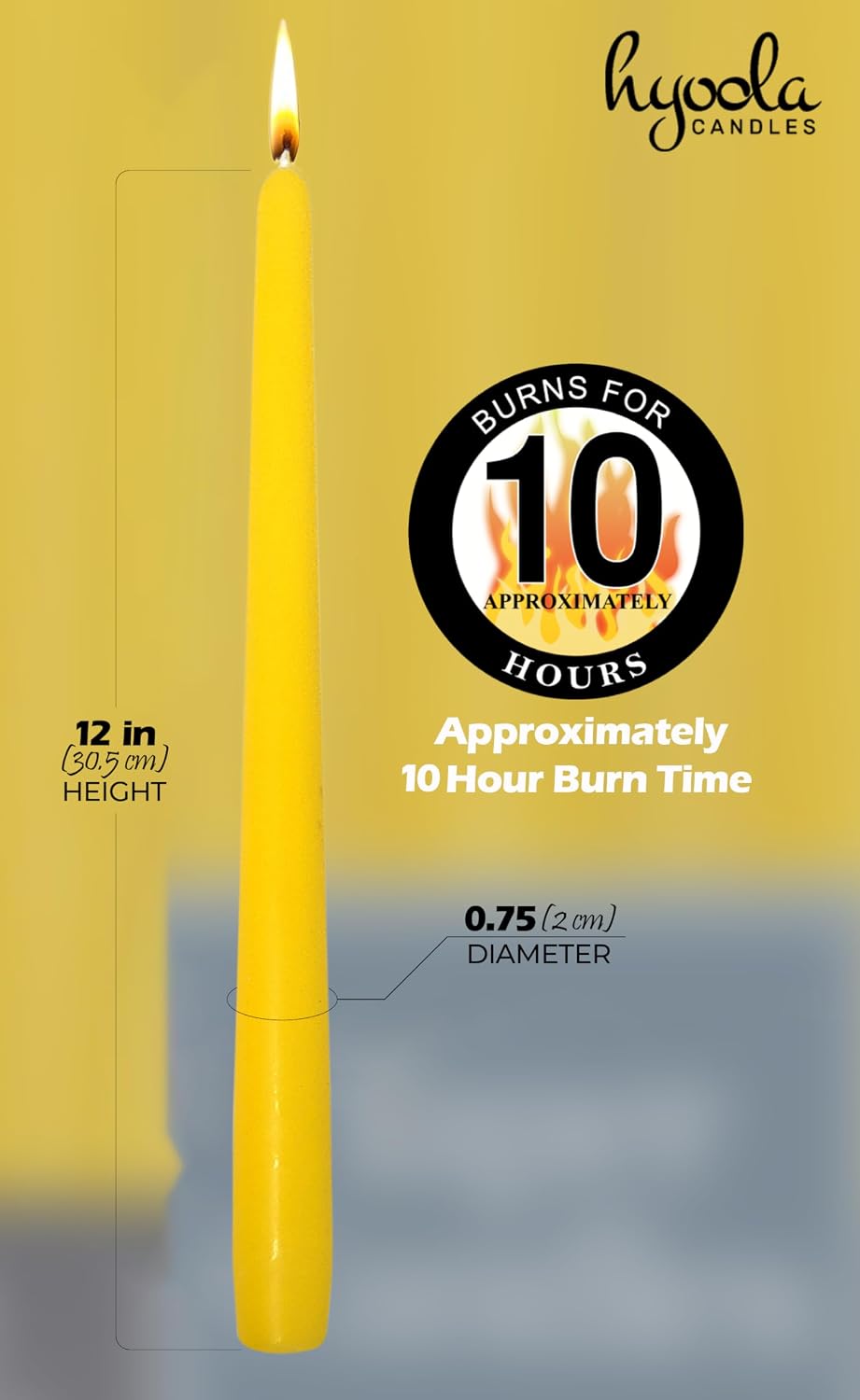 Hyoola Tall Taper Candles - 12 Inch Yellow Unscented Dripless Taper Candles - 10 Hour Burn Time - 12 Pack