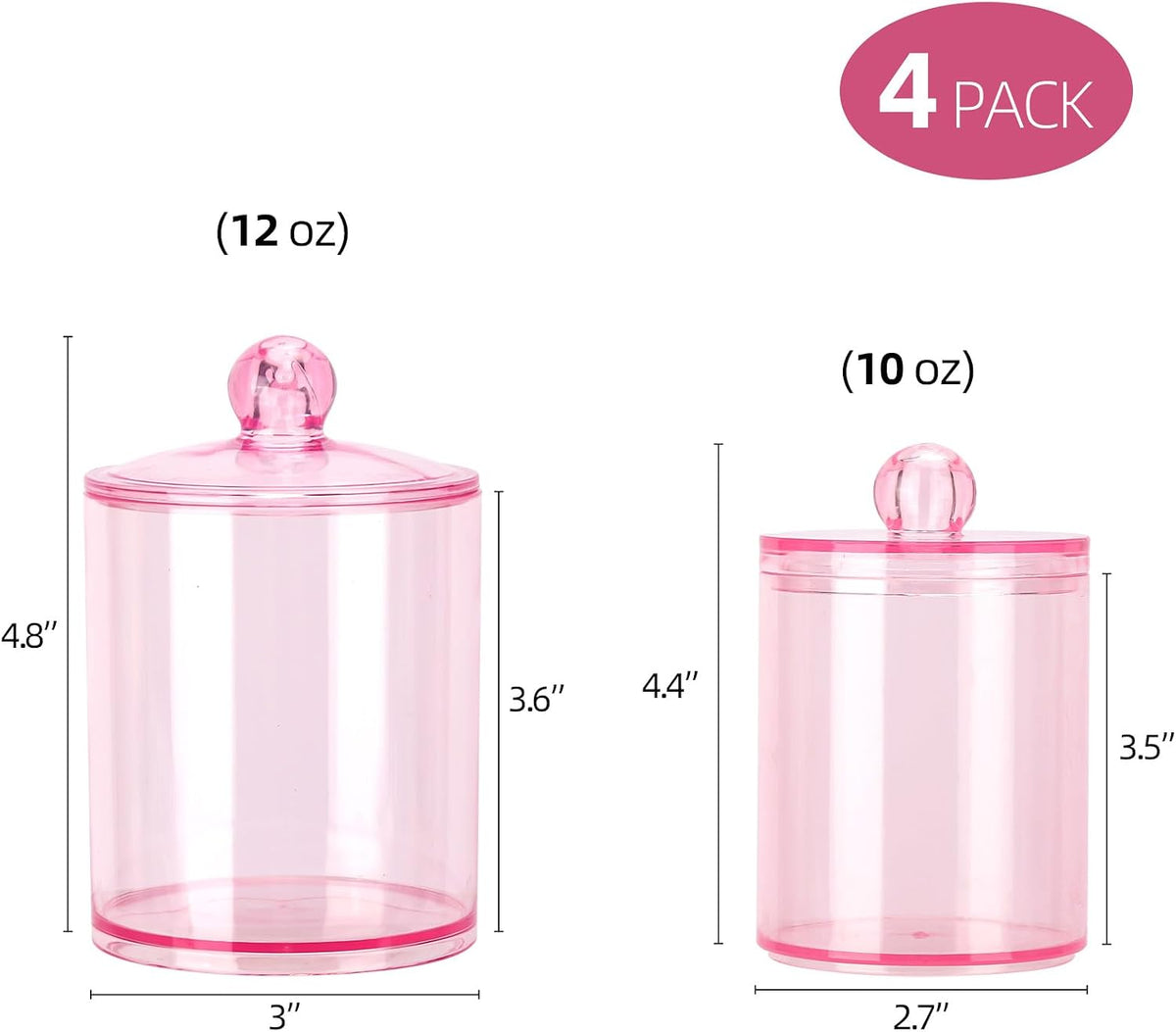 Tbestmax 12 oz & 10 oz Qtip Holder - 4 Pack Restroom Bathroom Organizers and Storage Containers, Pink Plastic Apothecary Jars with Lids for Cotton Swab, Cotton Round Pads, Floss