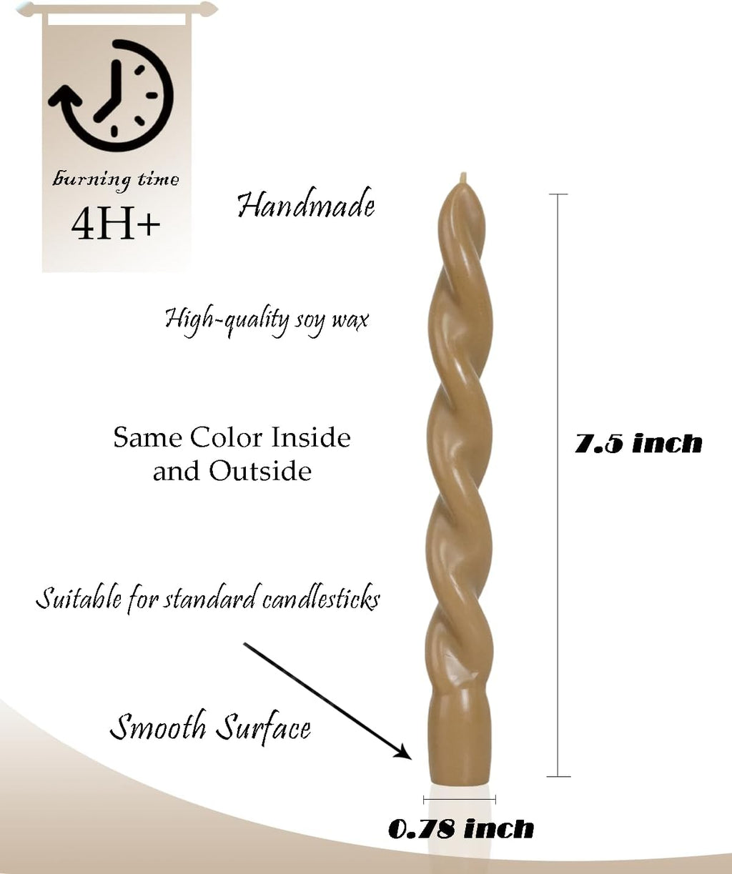 Sahara Beige Twisted Taper Candle Spiral Candlesticks Unscented Smokeless for Fall Decor Holiday Dinner Party Christmas Decorations-7.5inch-4pack