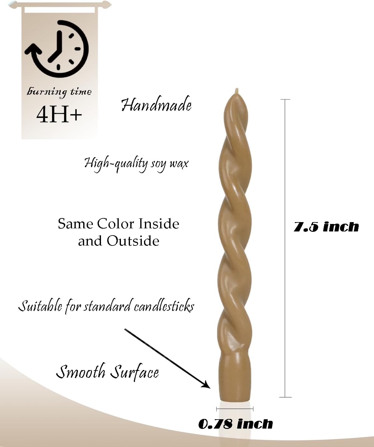Sahara Beige Twisted Taper Candle Spiral Candlesticks Unscented Smokeless for Fall Decor Holiday Dinner Party Christmas Decorations-7.5inch-4pack
