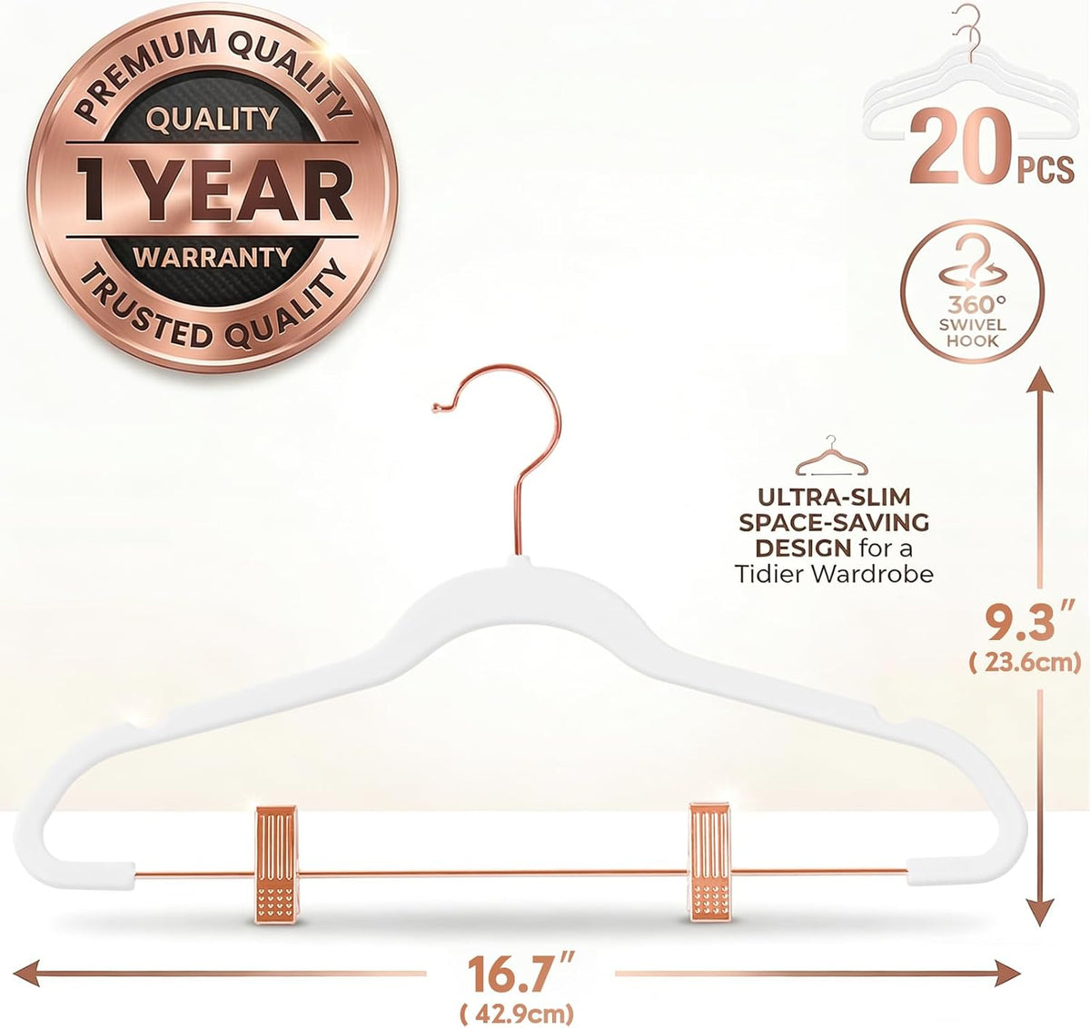 MIZGI Premium Velvet Pants Hangers with Clips (Pack of 20) Slim Skirt Hangers- Non Slip Felt Outfit Dress Hangers White - Copper/Rose Gold Hooks,Space Saving Shirt Clothes Hangers