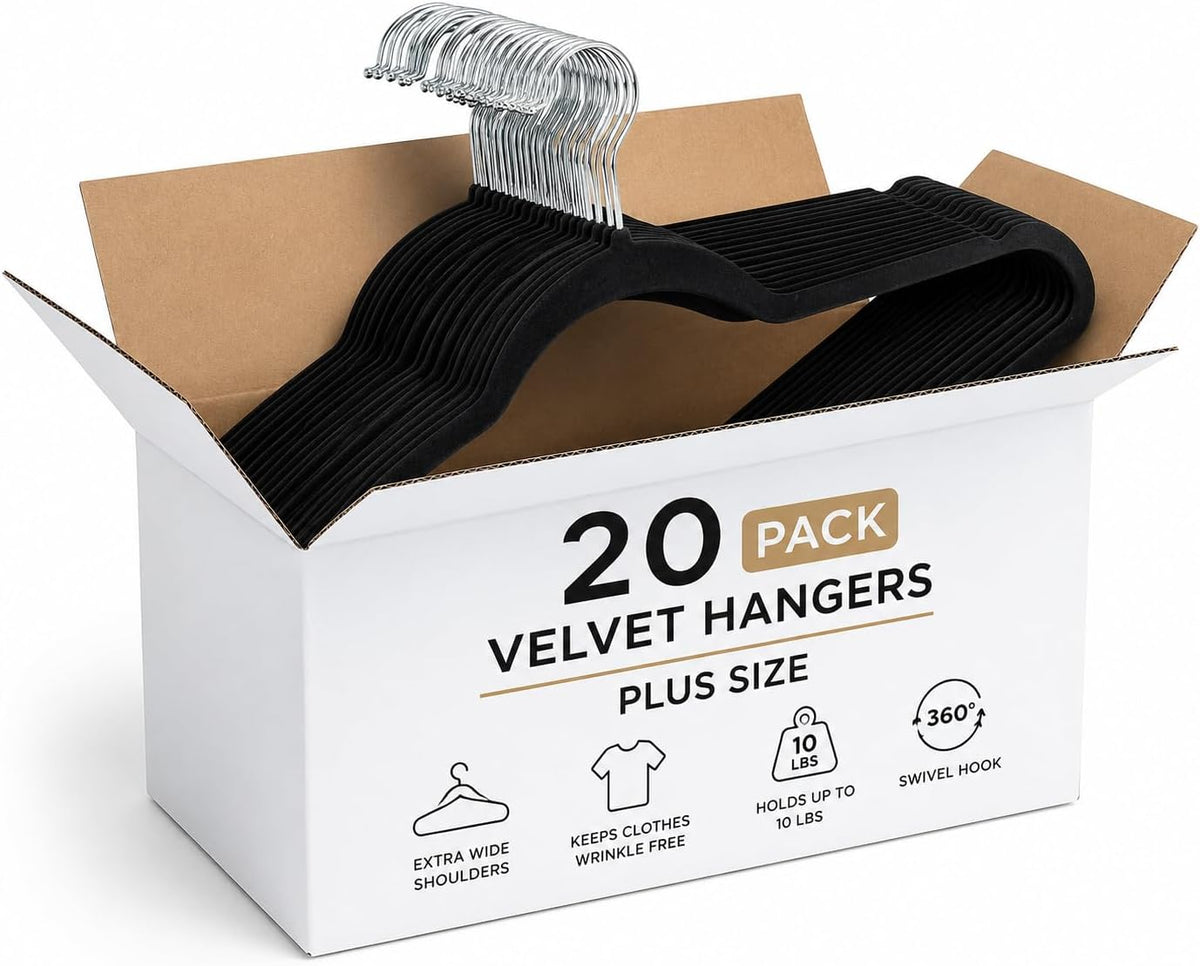 Home Expressions Premium 20 Pack - Ultra Thin No Slip Velvet Suit Swivel Hangers - 21" Extra Wide Strong Velvet Hangers - Space Saving Clothes Hangers - 21x0.2x10 inches (Black)
