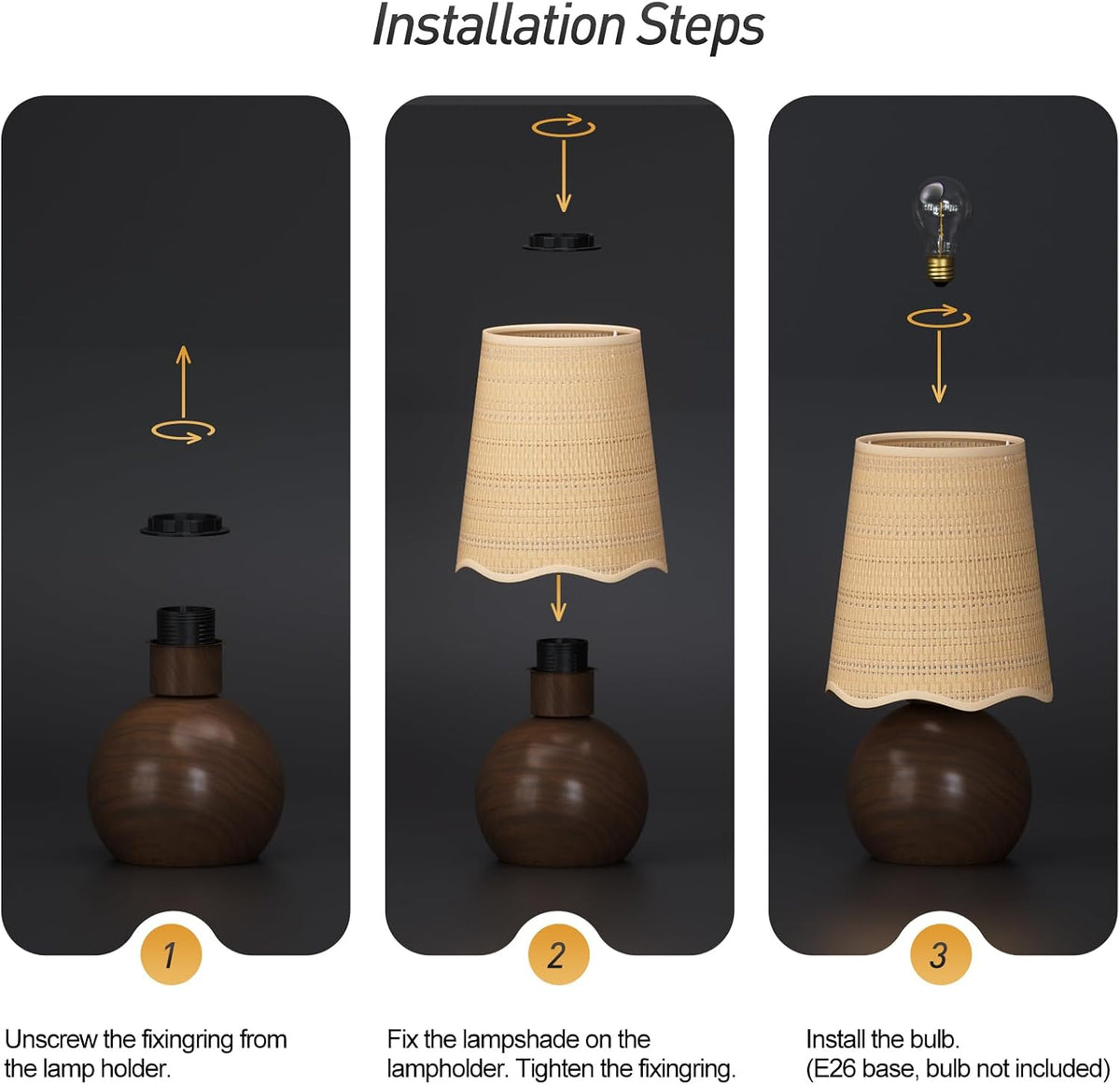 Minimalist Rattan Table Lamp, 11' Height, Woven Lampshade & E26 Socket Metal Base