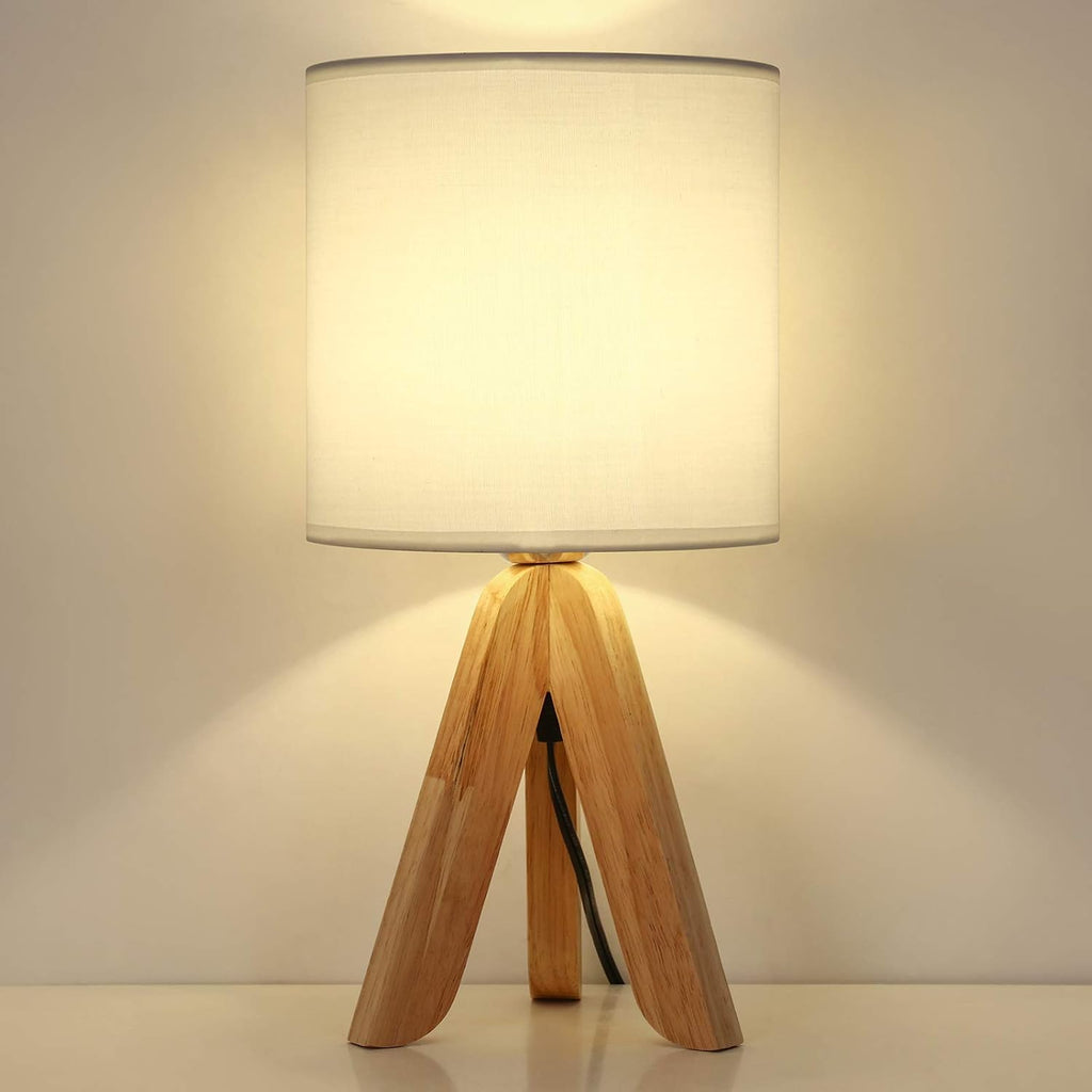 HAITRAL Small Bedside Table Lamp - Wooden Tripod Nightstand Lamp,13.4 Inch