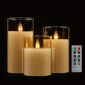 Glass Flameless Pillar Candles Flickering with Remote Timer, Battery Operated LED 3D Moving Flame Real Wax Candles,Remote Included (Champagne)