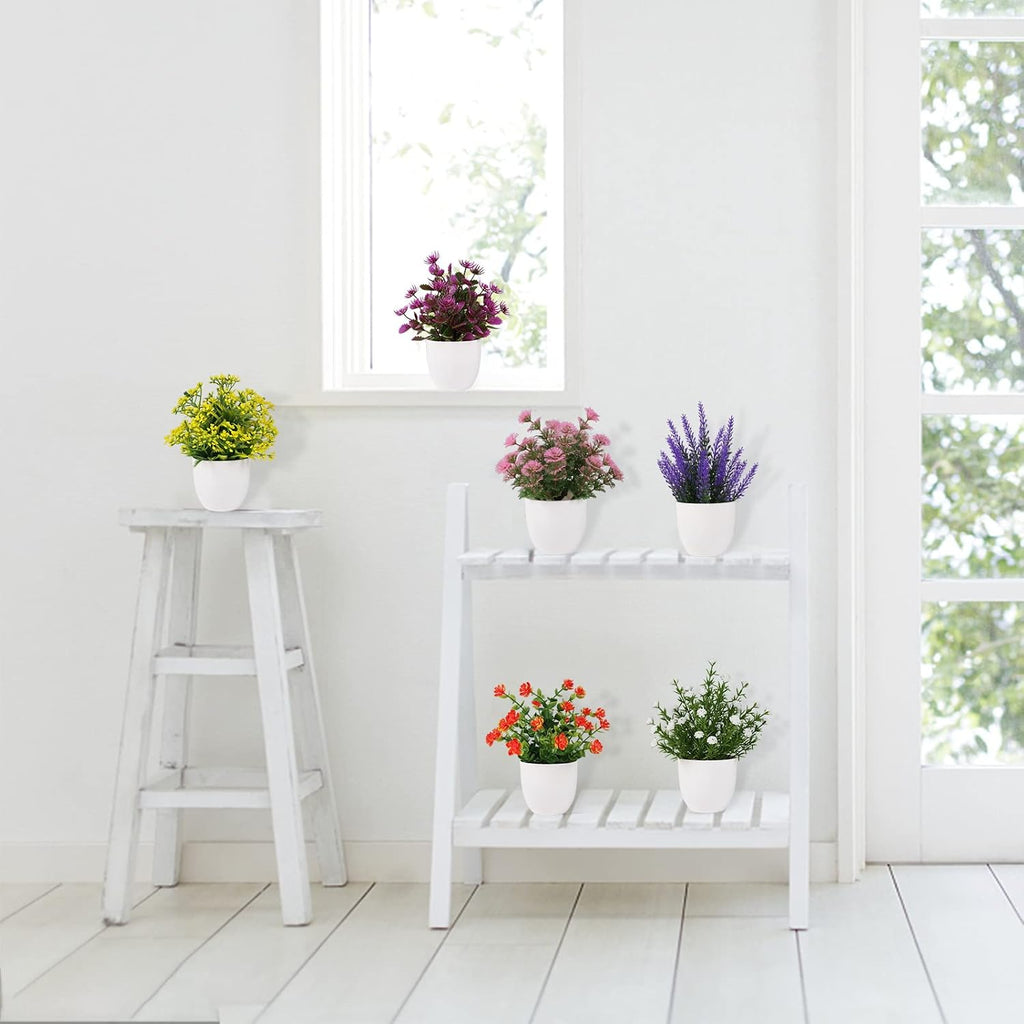 Yoratee 6 Pack Small Artificial Flower Potted Plants, Mini Faux Flowers in Pots Colorful Fake Plants for Indoor Bathroom Office Desk Tabletop Windowsill and House Shelf Decorations