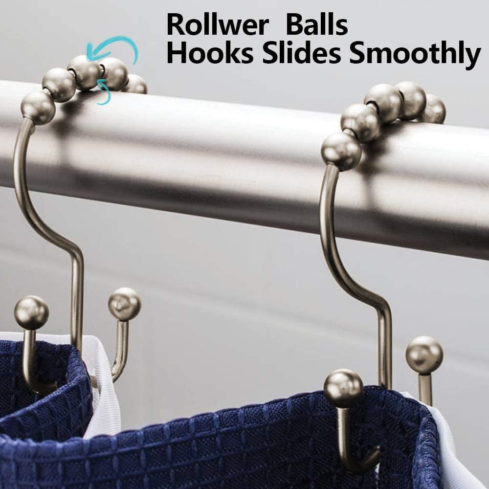 DAWNER Shower Curtain Hooks, Rust Proof Metal Easy Glide Double Rings, Stainless Steel Hangers for Bathroom Curtains, Set of 12, Brushed Nickel (Pack of 3)
