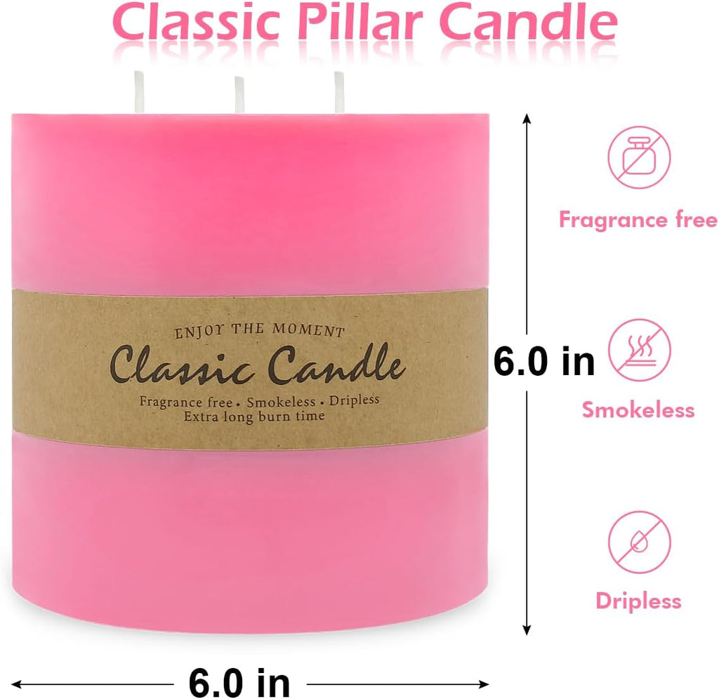 Large 3-Wick Pink Pillar Candle for Home Decoration - 6x6 Inch