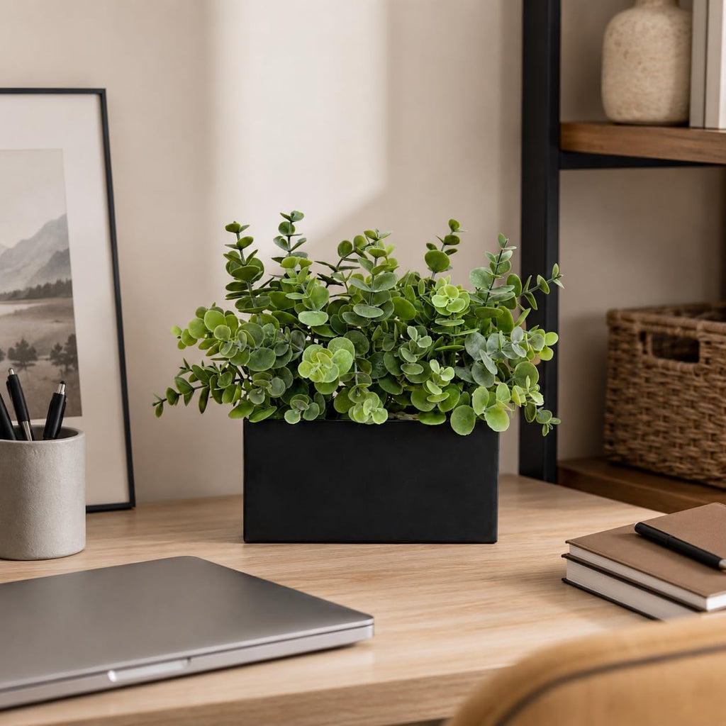365 Blooming Decor Fake Eucalyptus Plants in Black Planter Box - Luxury Potted Artificial Eucalyptus Greenery with Real Pebbles for Farmhouse Bathroom, Shelf, Windowsill Décor//No Assembly Required//