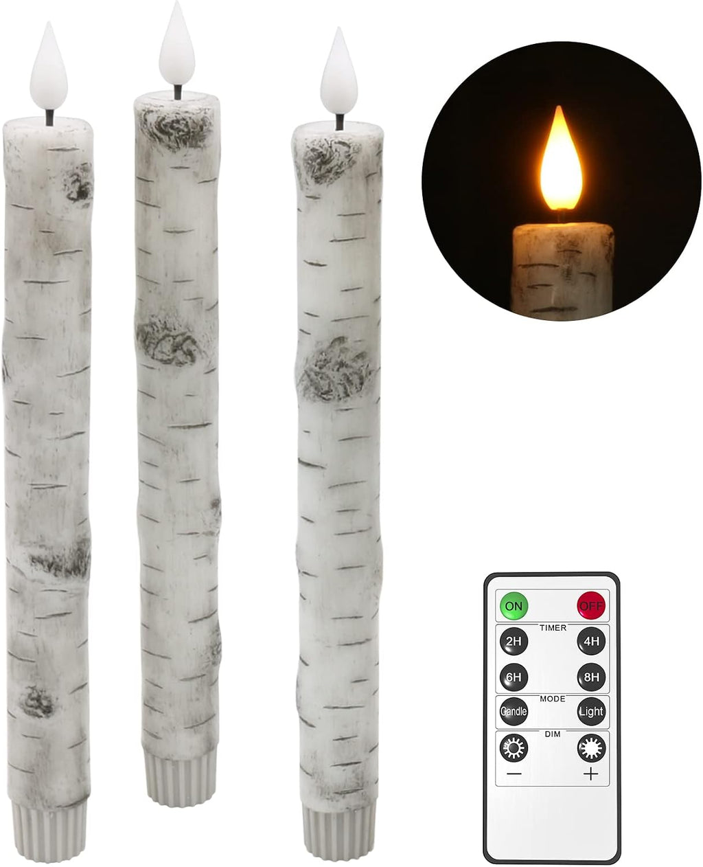 PChero Flameless Taper Candles with Remote Timer, Birch Bark, Pack of 3