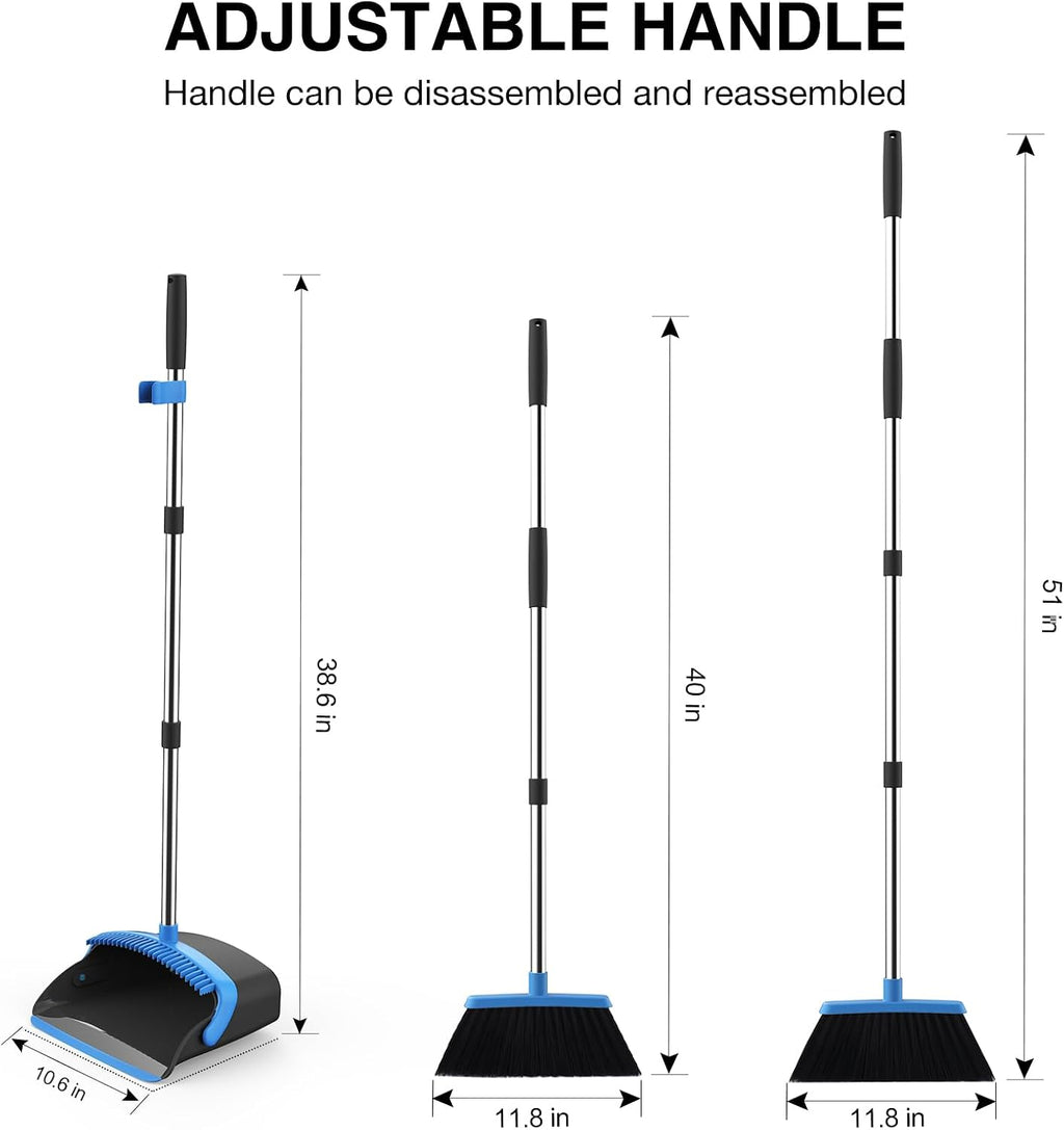 NACENA Broom and Dustpan Set with 52-in Long Adjustable Handle, Black Blue