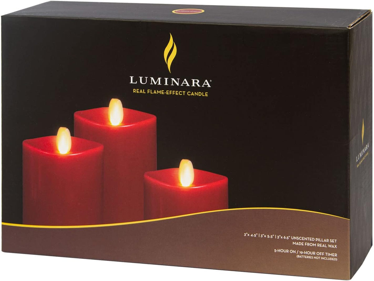 Luminara Flameless Flickering Melted Edge Set of 3 Candles, Battery Operated & Timer Function, Remote Included, Unscented Paraffin Burgundy Wax LED Light Pillar, Christmas Holiday Décor