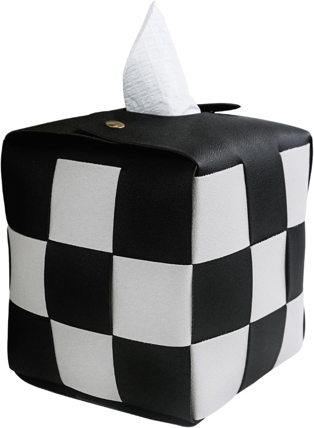 MSJGA Tissue Box Cover, Square PU Leather Tissue Box Holder with Metal Buckle, Checkered Tissue Box, Decorative Organizer for Bedroom, Vanity Desk, Nightstand, Bathroom, Office (Black)