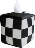 MSJGA Tissue Box Cover, Square PU Leather Tissue Box Holder with Metal Buckle, Checkered Tissue Box, Decorative Organizer for Bedroom, Vanity Desk, Nightstand, Bathroom, Office (Black)