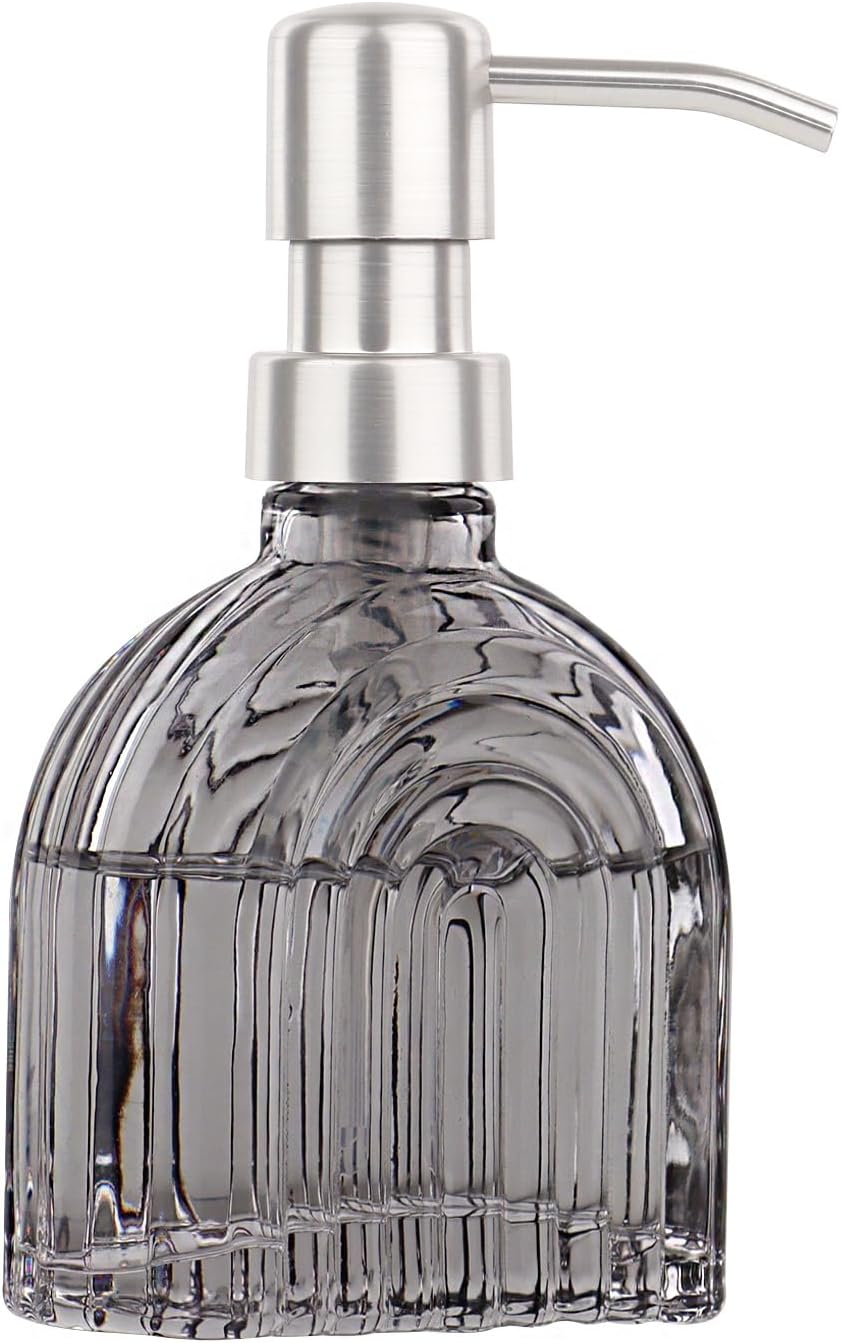 Glass Soap Dispenser for Kitchen and Bathroom Contertop Wash Hand Liquid, Dish Detergent, Farmhouse Style Shampoo Lotion Pump (1, Grey Glass with Silver)