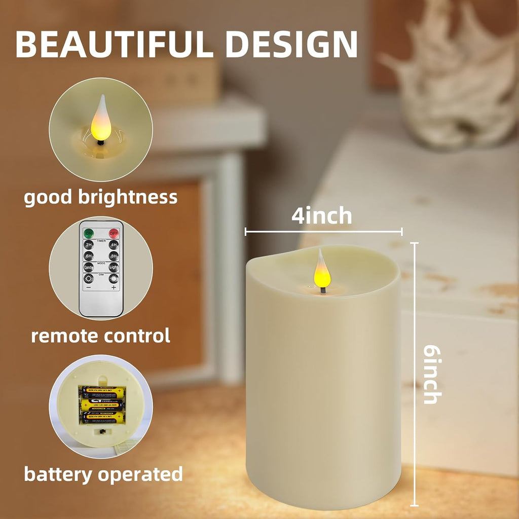 Flameless LED Candle with Remote, 4x6 Inch Plastic Pillar Candle, Battery Powered, Flickering Flame with Timer & Dimming, Ivory – Safe, Realistic Home or Event Decor