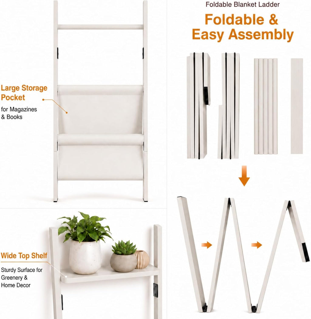 BAMBANG 71" 4-in-1 Blanket Ladder for Living Room, 5-Tier Leaning Bamboo Decorative Towel & Quilt Rack with Magazine Leather Pocket, 4 Detachable Hanging Bars, Space-Saving Shelf for Bedroom (White)