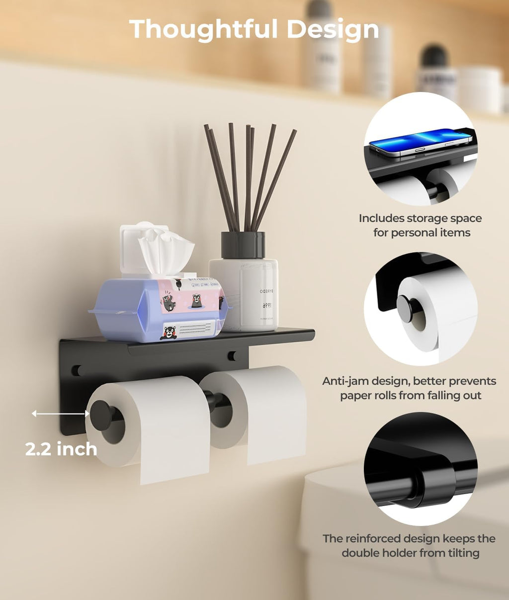 Double Toilet Paper Holder with Shelf, Wall Mount Tissue Roll Holder for Bathroom, 304 Stainless Steel Commercial Toilet Paper Dispenser with Phone Shelf, Matte Black