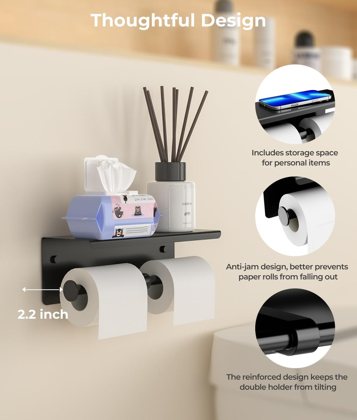 Double Toilet Paper Holder with Shelf, Wall Mount Tissue Roll Holder for Bathroom, 304 Stainless Steel Commercial Toilet Paper Dispenser with Phone Shelf, Matte Black