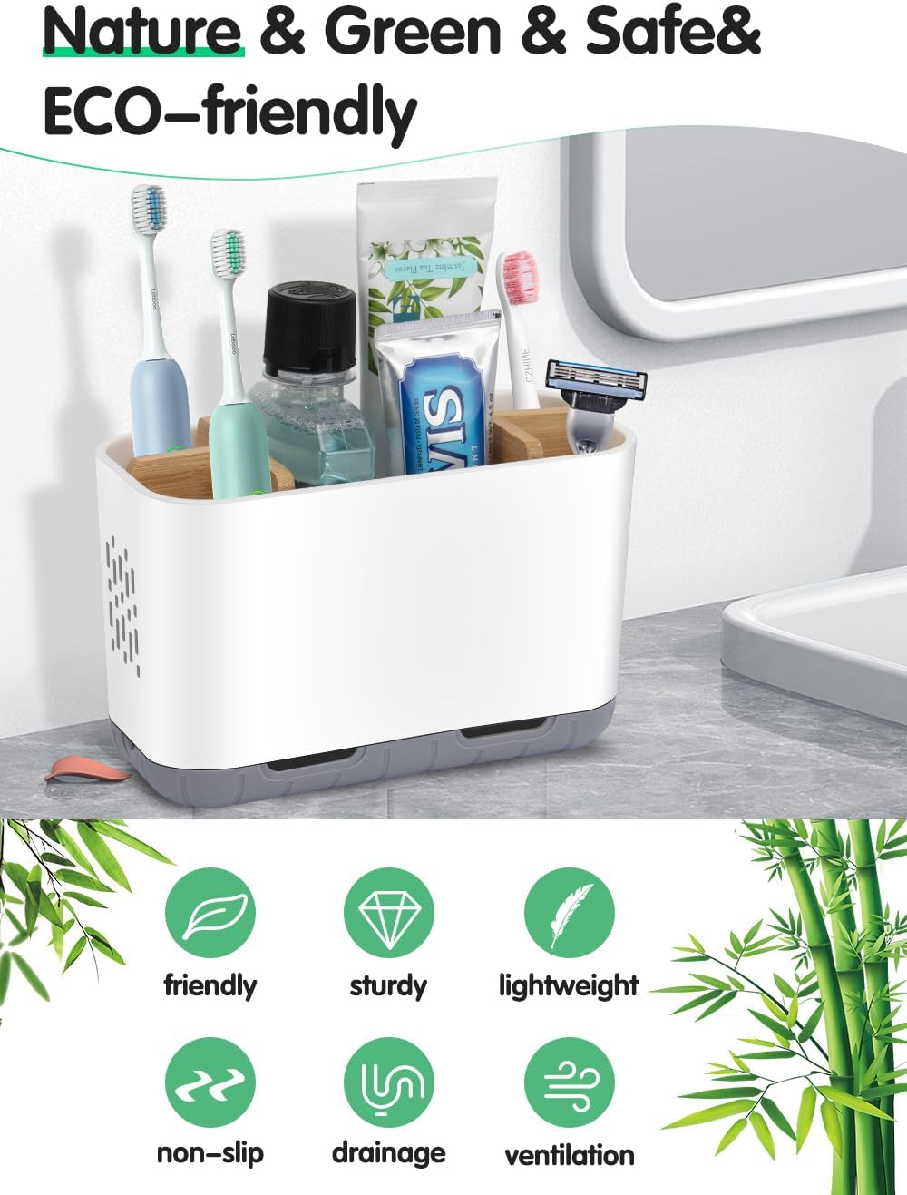 GFWARE Toothbrush Holders for Bathrooms - Bamboo Divider Toothbrush and Toothpaste Holder with Drainage, Kids Electric Toothbrush Organizer for Bathroom Countertop, White Tooth Brush Holder