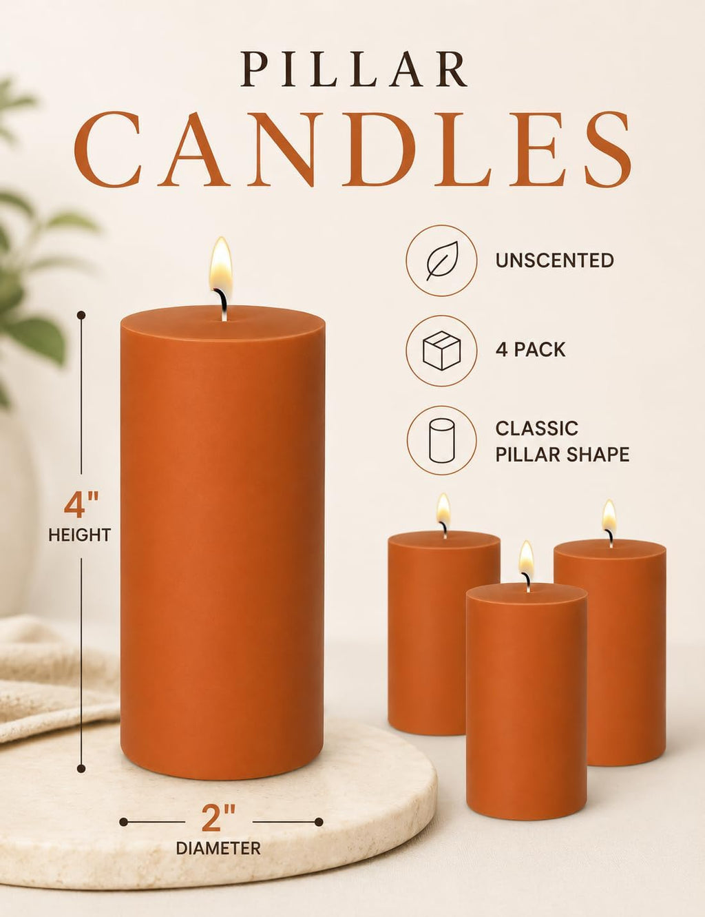 2x4 Inch Burnt Orange Unscented Pillar Candles for Fall Harvest