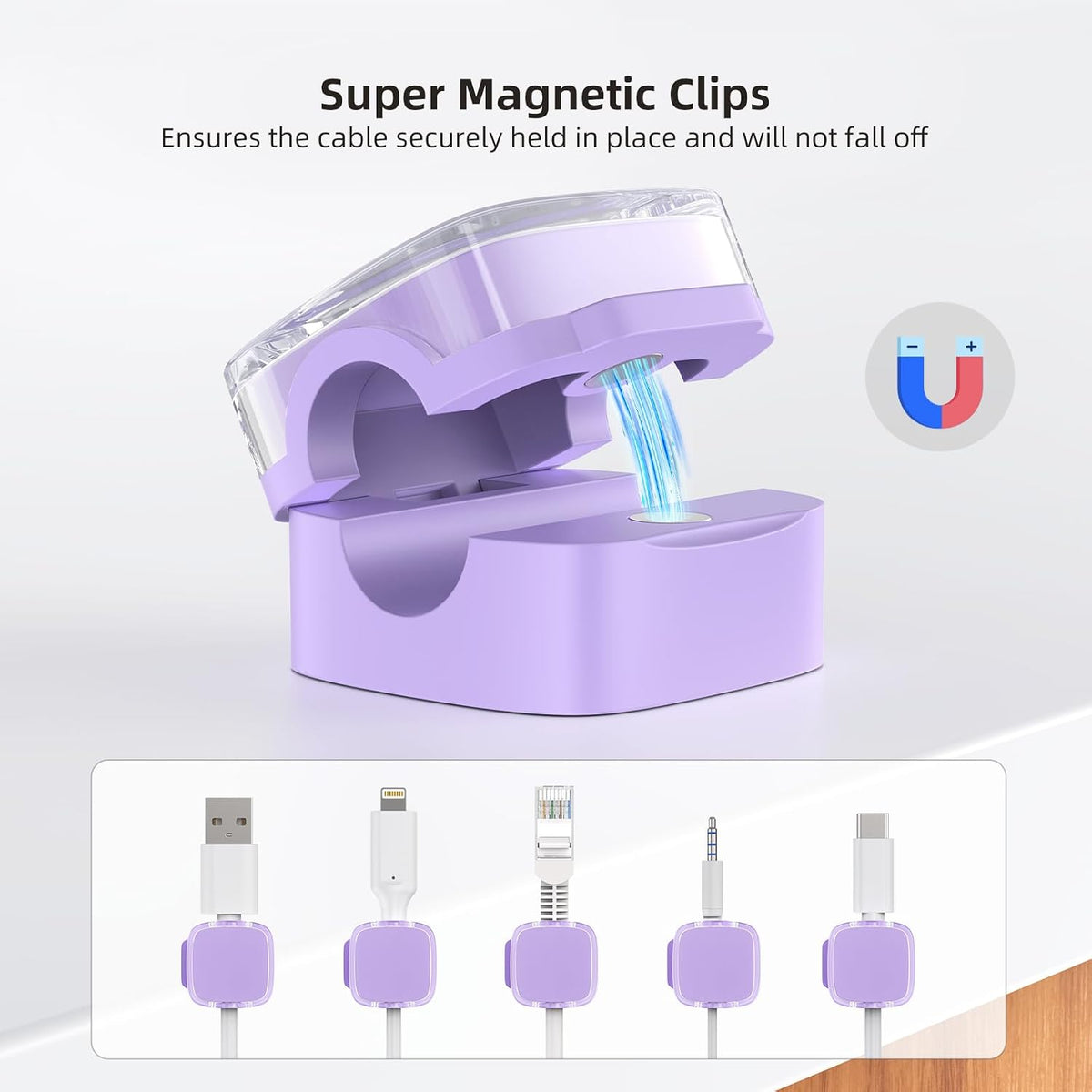 Cord Organizer for Desk, 6 Pack Magnetic Cable Clips Holder for Nightstand, Strong Adhesive Wire Organizer Keeper Phone Cord Holder for Office Car Home Kitchen Appliances Wall, Clear Purple