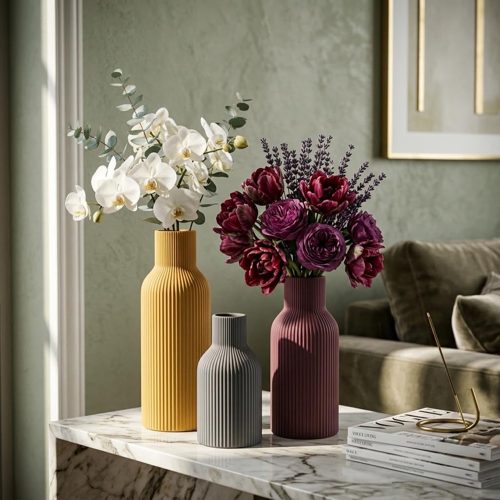 Colorful Ceramic Vases Set of 3, Matte Vertical Ribbed, Minimalist for Pampas Grass &Fresh Flowers, Centerpiece for Living Room,Shelf,Wedding (Mustard Yellow, Dusty Gray, Burgundy)
