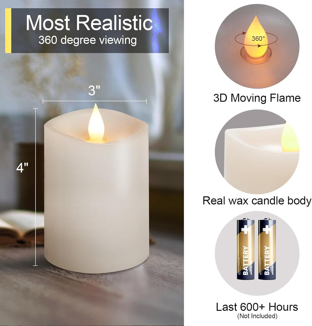 3x4 Flameless Candles with Remote Set of 1, 4 inch Battery Candles Flickering with Timer, LED Pillar Candle for Indoor/Outdoor, White