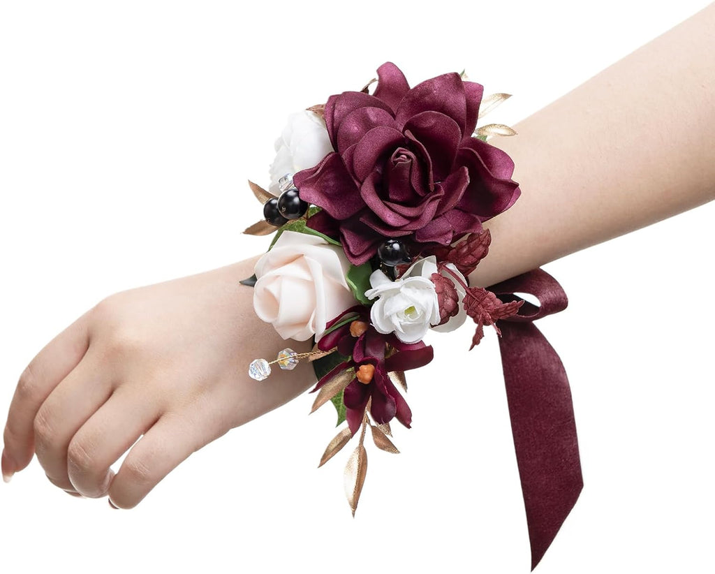 Ling's moment 2pcs Prom Wrist/Shoulder Corsage, Marsala & Burgundy
