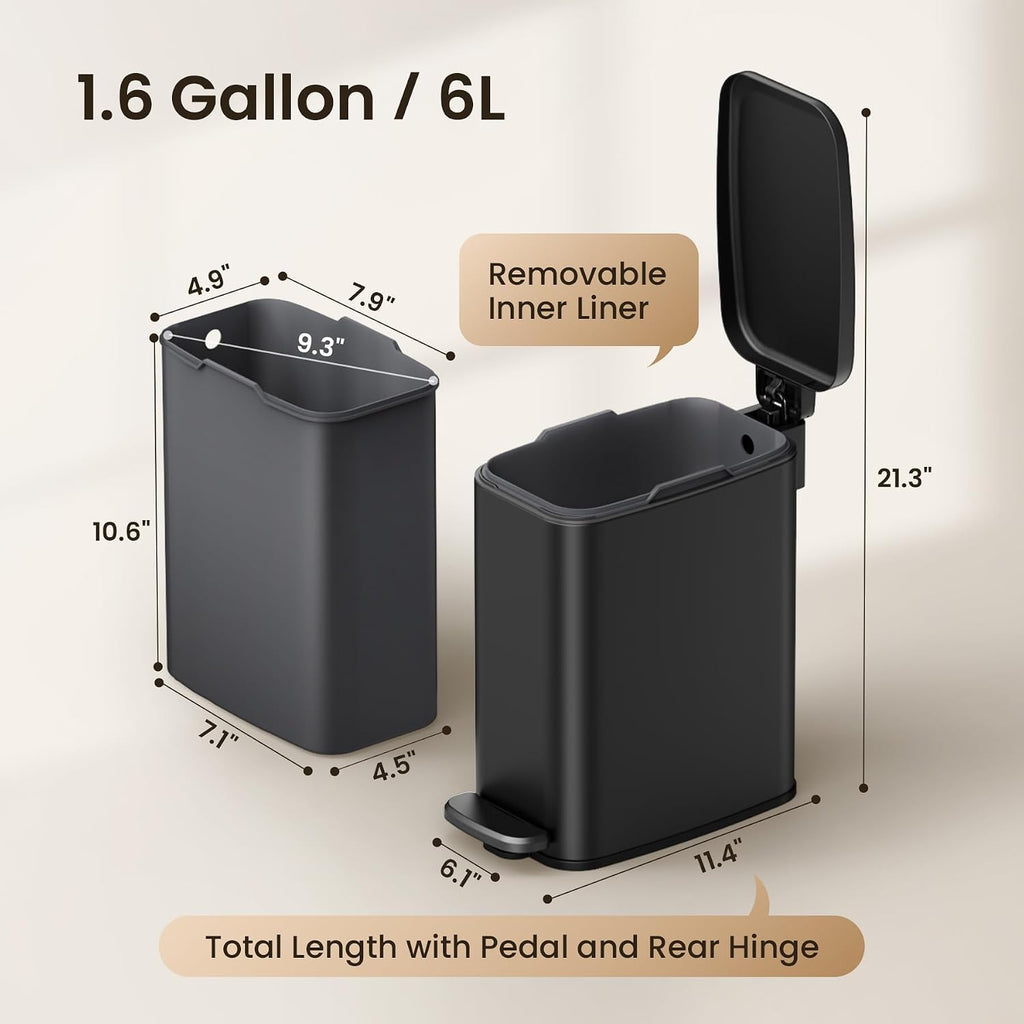 Cesun Slim Bathroom Trash Can with Lid, Soft Close, Black, 6L/1.6 Gallon